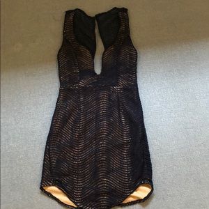 Blue and tan low cut dress